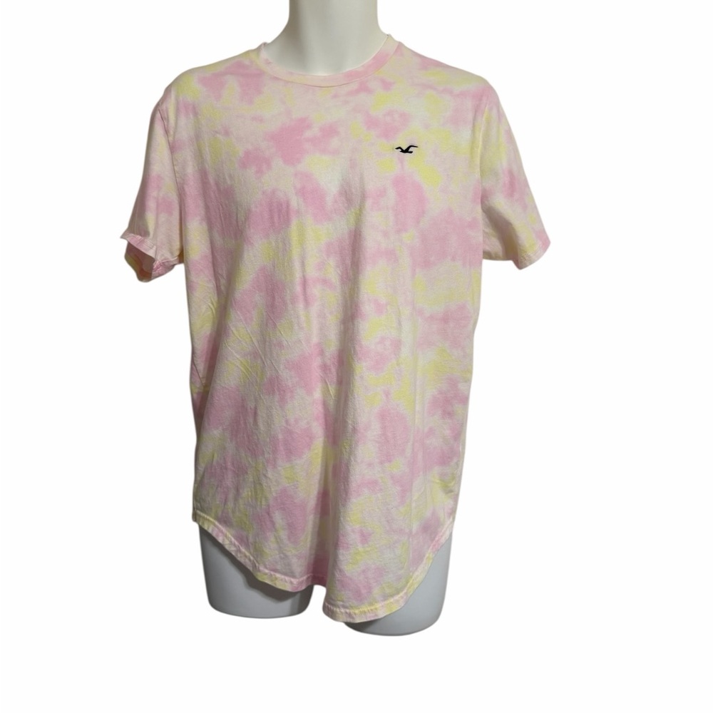 Hollister Pink and Yellow Curved Hem Tie-Dye Tee